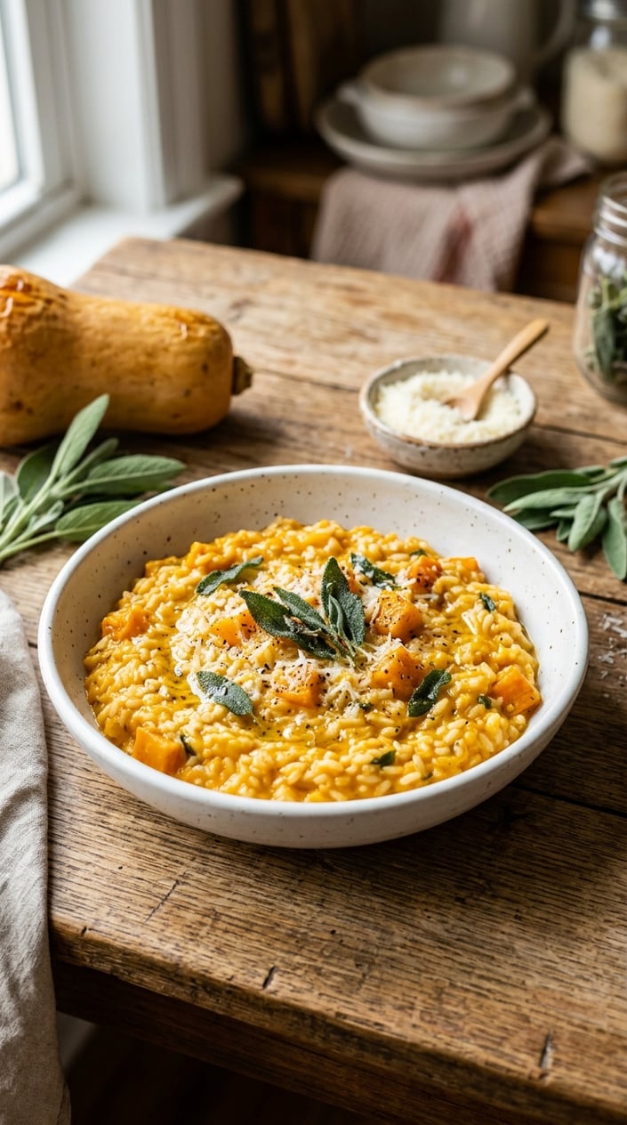 20 Freezer Meals for the First Month After Baby 14 A bowl of creamy butternut squash and sage risotto garnished with fresh sage leaves and Parmesan cheese on a wooden table with fresh ingredients nearby.