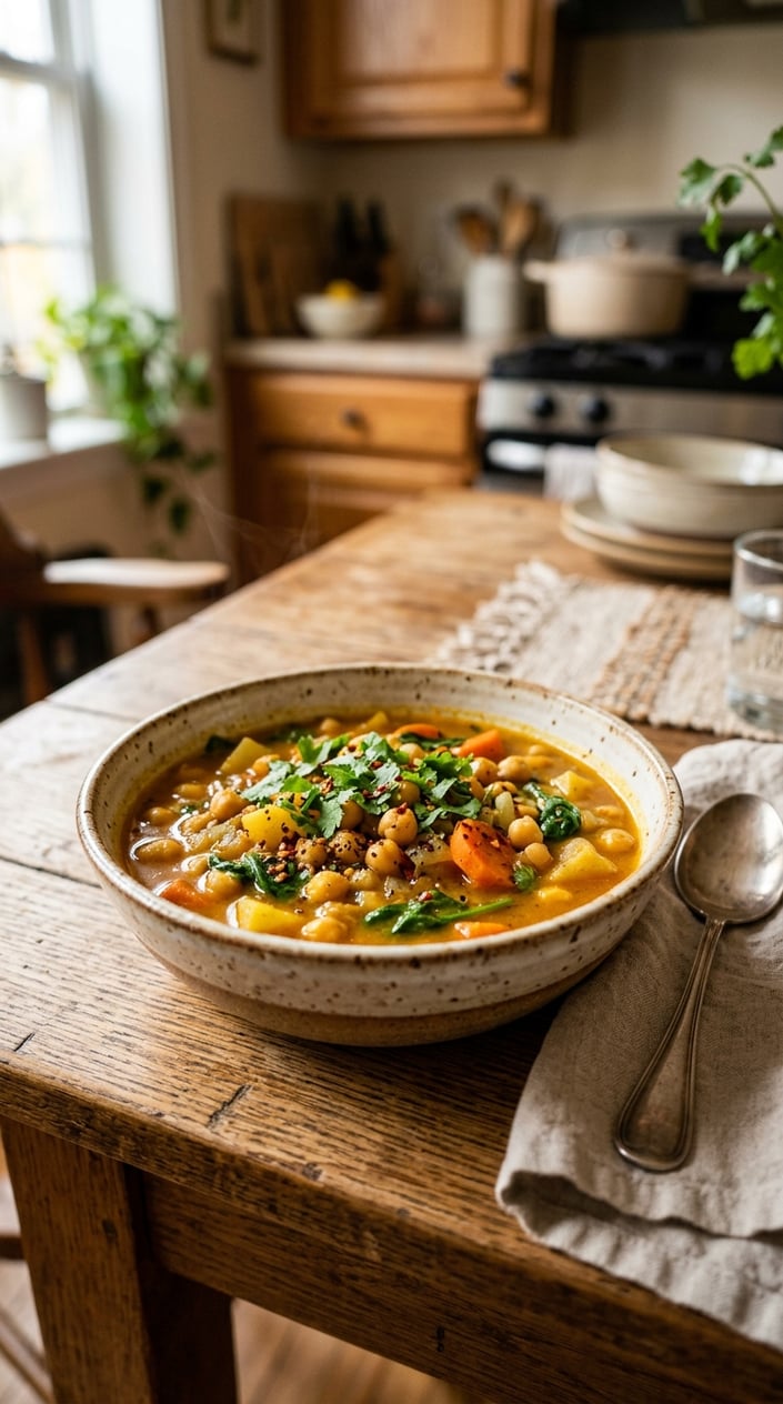 20 Freezer Meals for the First Month After Baby 15 A bowl of coconut curry chickpea stew with vegetables and cilantro on a wooden table.