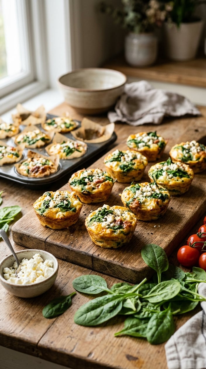 20 Freezer Meals for the First Month After Baby 16 A close-up of golden breakfast egg muffins with spinach and feta on a wooden board, surrounded by fresh spinach leaves and feta cheese.