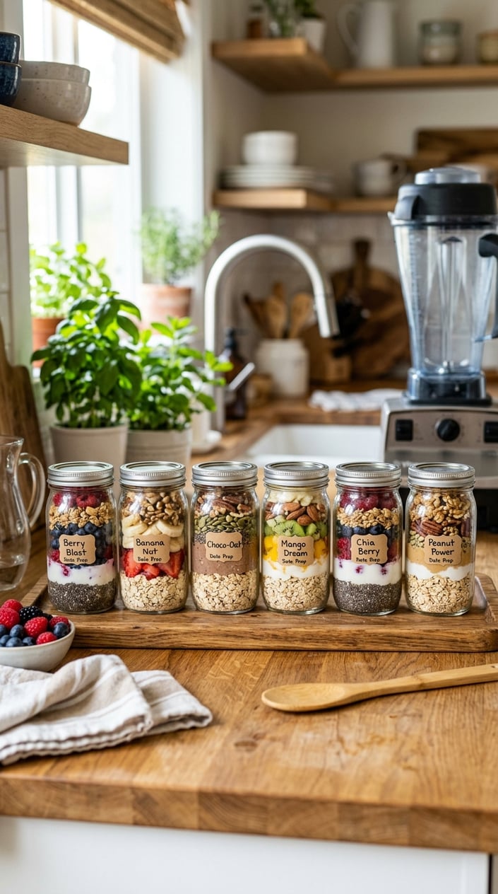 20 Freezer Meals for the First Month After Baby 17 Glass jars filled with layered overnight oats and fresh fruits arranged on a kitchen countertop.