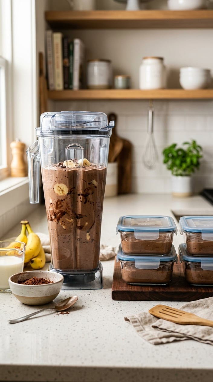 20 Freezer Meals for the First Month After Baby 18 A glass blender filled with chocolate banana pancake batter on a kitchen countertop surrounded by bananas, cocoa powder, and containers of batter ready to freeze.