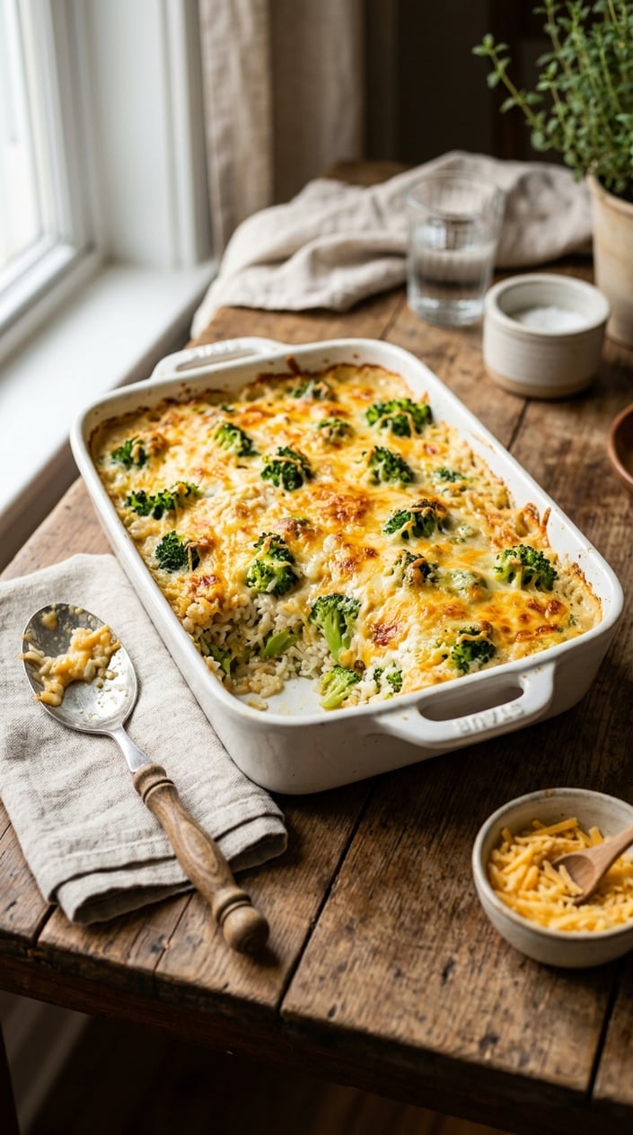 20 Freezer Meals for the First Month After Baby 19 A baked cheesy broccoli and rice casserole in a white dish on a wooden table with a serving spoon nearby.