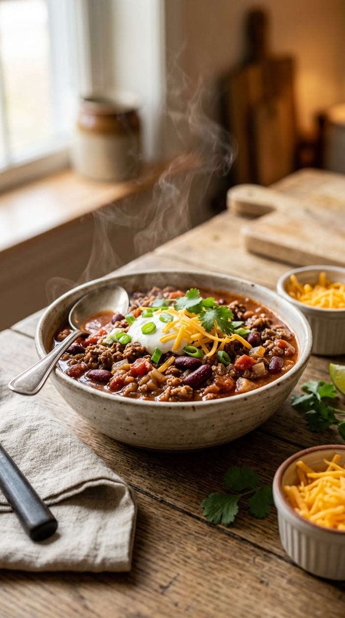20 Freezer Meals for the First Month After Baby 20 A steaming bowl of beef chili with beans on a wooden table, accompanied by a spoon, shredded cheese, and fresh cilantro.