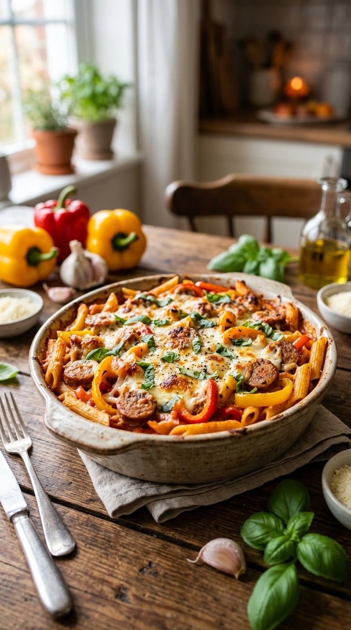 20 Freezer Meals for the First Month After Baby 21 A baked pasta dish with sausage and bell peppers in a ceramic dish on a wooden table.