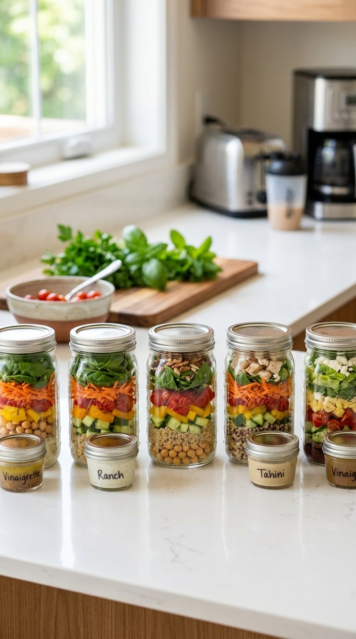 20 Freezer Meals for the First Month After Baby 22 Several mason jars filled with layered salad ingredients and small containers of frozen dressing on a kitchen countertop.