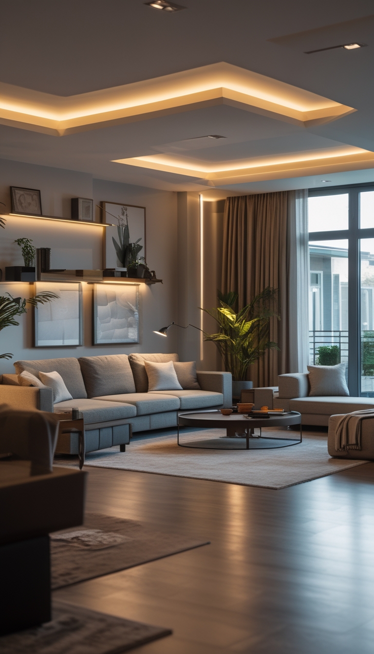 A modern living room with layered lighting including ceiling lights, a floor lamp, and accent lights highlighting artwork and shelves.