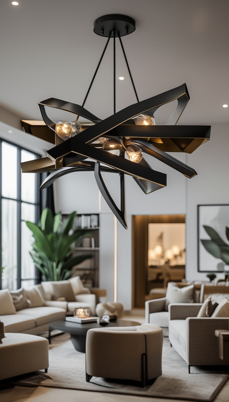 Living room with a sculptural brass or matte-black chandelier hanging over a seating area with sofa and armchairs.