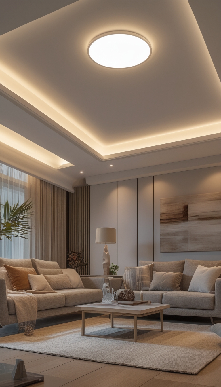 A living room with recessed ceiling lights providing soft, even lighting over a sofa and coffee table.