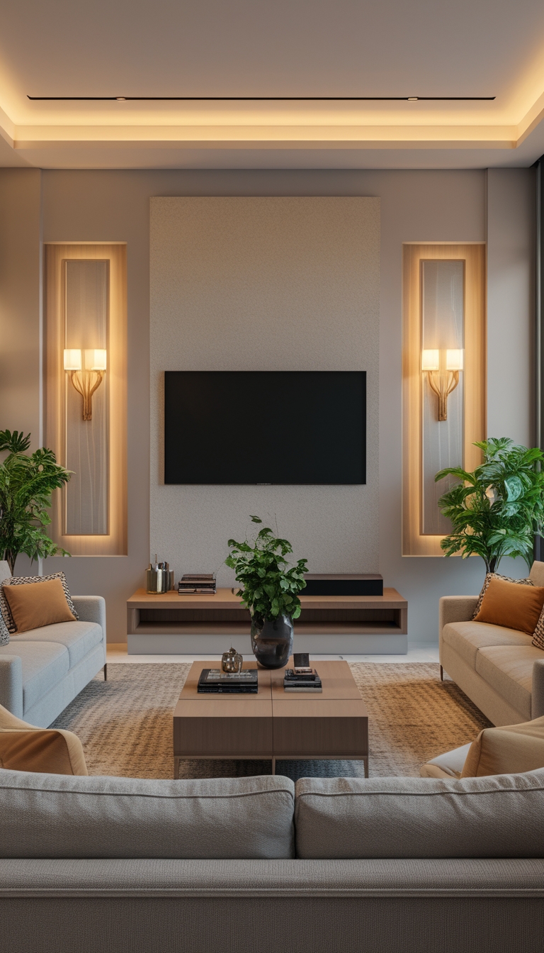 Living room with a large artwork or TV on the wall, flanked by two wall sconces providing warm accent lighting.