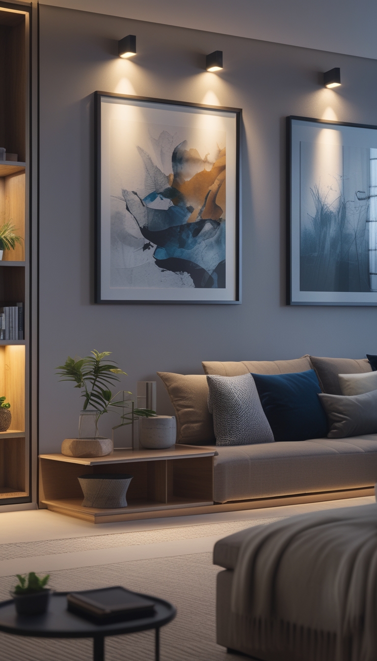 Living room with LED picture lights illuminating artwork and shelves above a sofa and decorative items.