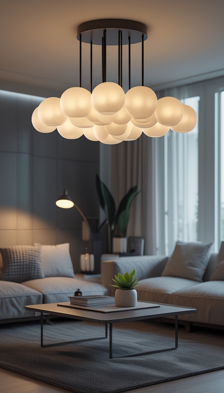 A living room with a cluster of pendant lights hanging over a coffee table surrounded by a sofa and decorative items.
