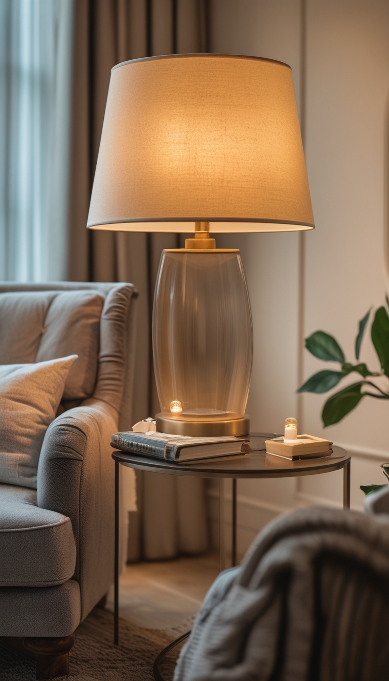 A cozy living room corner with table lamps emitting warm light, a comfortable chair, and soft decorative elements.