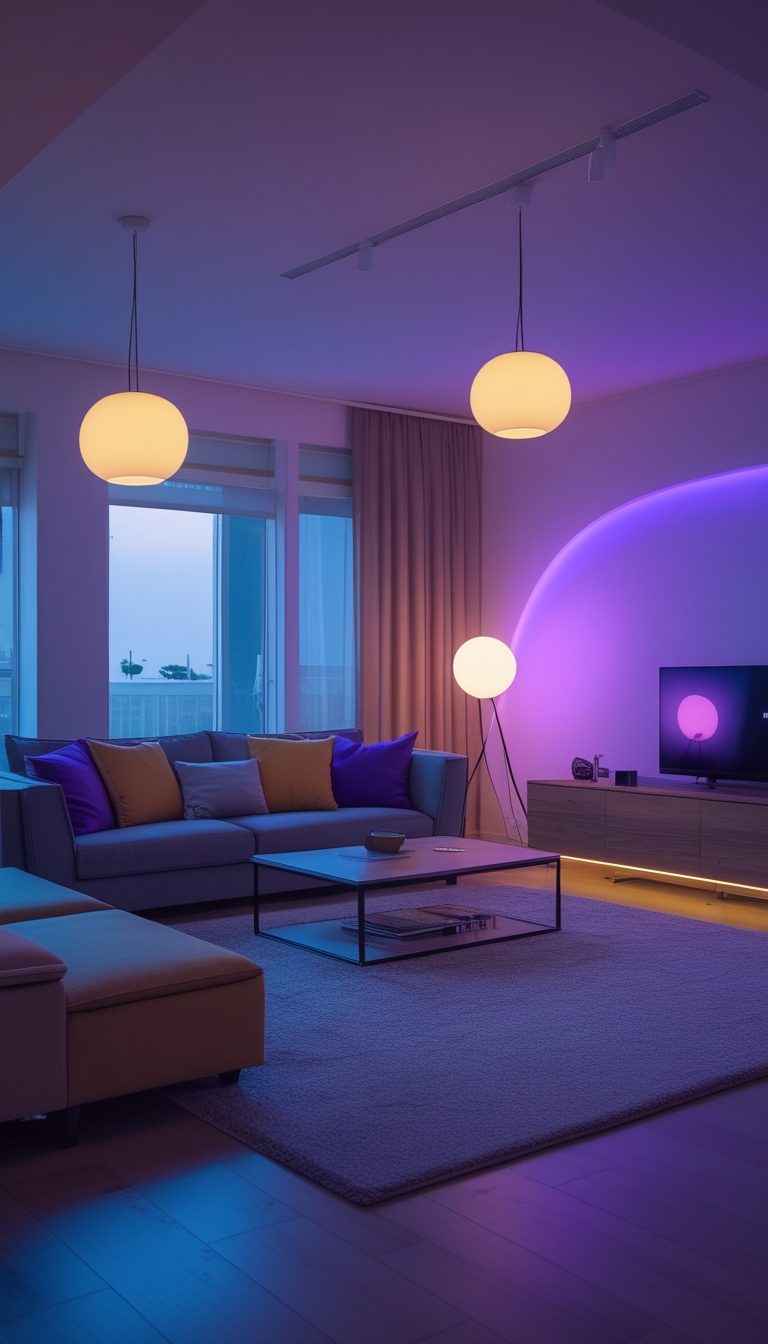 A modern living room with colorful smart lighting creating a cozy and inviting atmosphere, featuring a sofa, coffee table, and large windows.