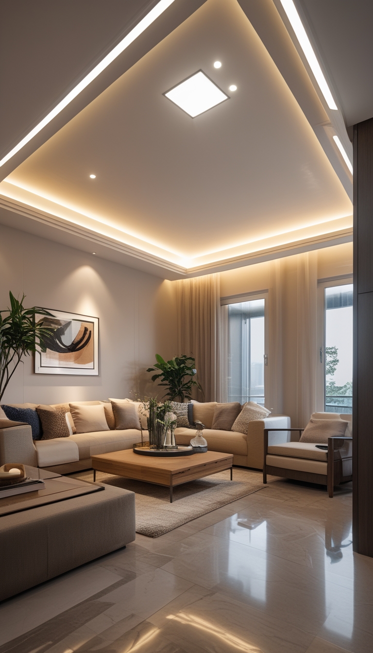 Living room with tray ceiling lighting creating a soft, indirect glow over a sofa and coffee table.