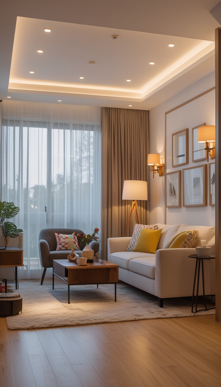 A modern living room lit by natural light, ceiling lights, a floor lamp, and wall sconces, featuring a sofa, armchair, coffee table, and large windows.