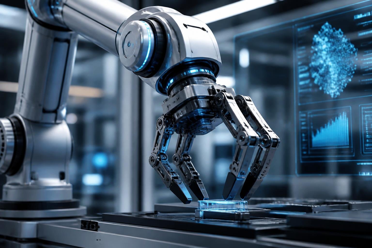 A robotic claw hand with blue lights operating in a high-tech laboratory setting.