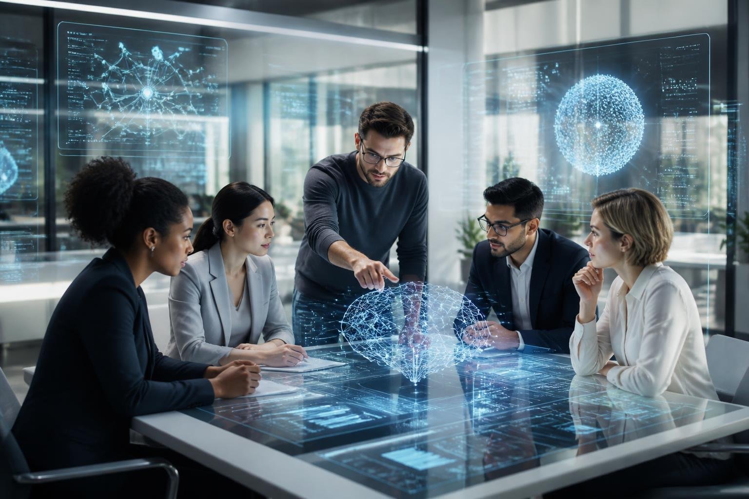 A group of professionals collaborating around a table with holographic data displays in a modern high-tech office.