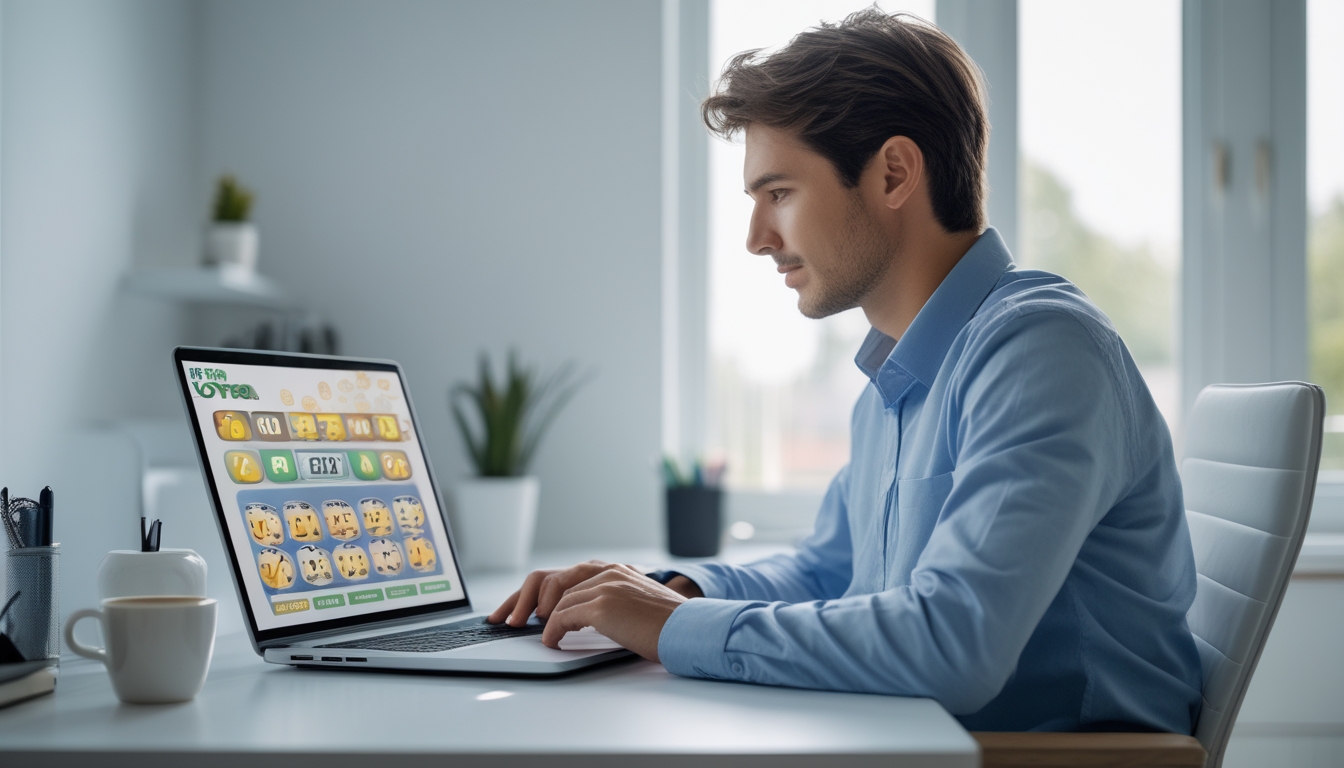 Seorang pria muda duduk di meja kerja dengan laptop, fokus bermain permainan togel online di ruang kantor rumah yang terang dan rapi.