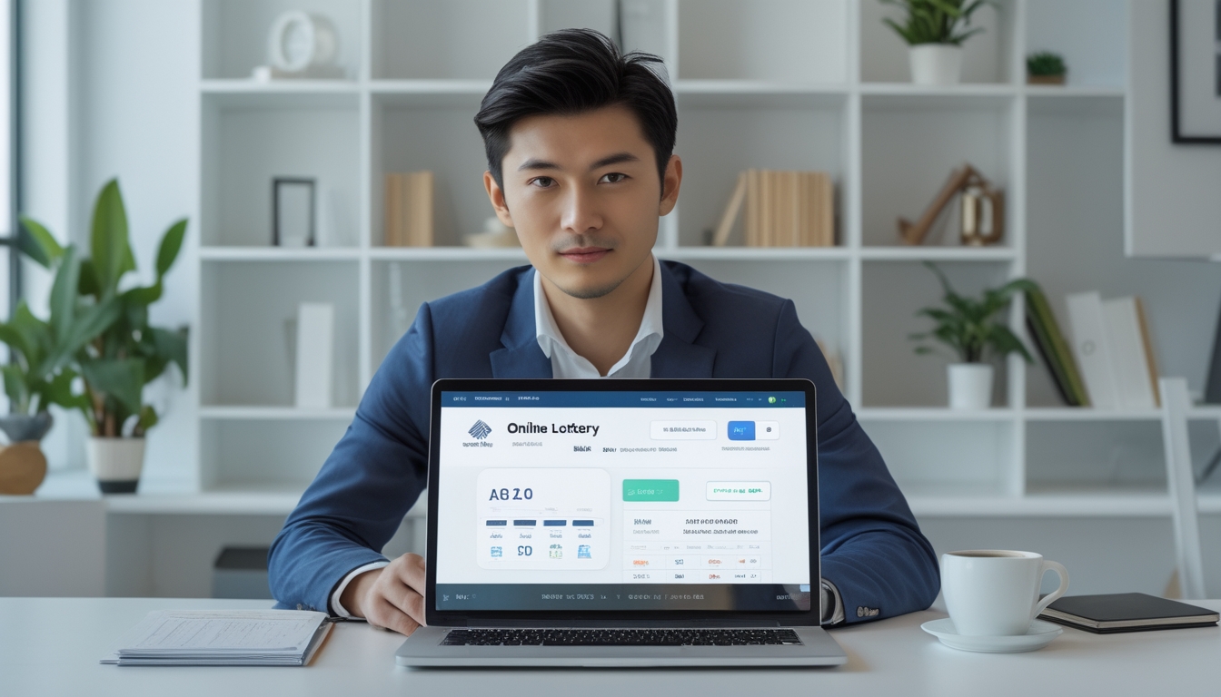 Seorang pria muda duduk di meja kantor dengan laptop, fokus melihat layar yang menampilkan situs togel online, di ruangan terang dengan rak buku dan tanaman hias.