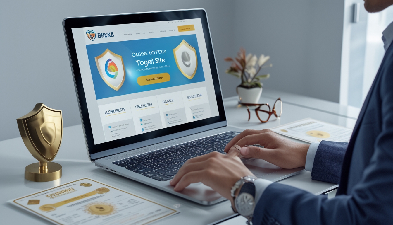 Seseorang menggunakan laptop di meja kerja dengan ikon keamanan dan sertifikat di sekitarnya, menggambarkan lingkungan judi togel online yang terpercaya.