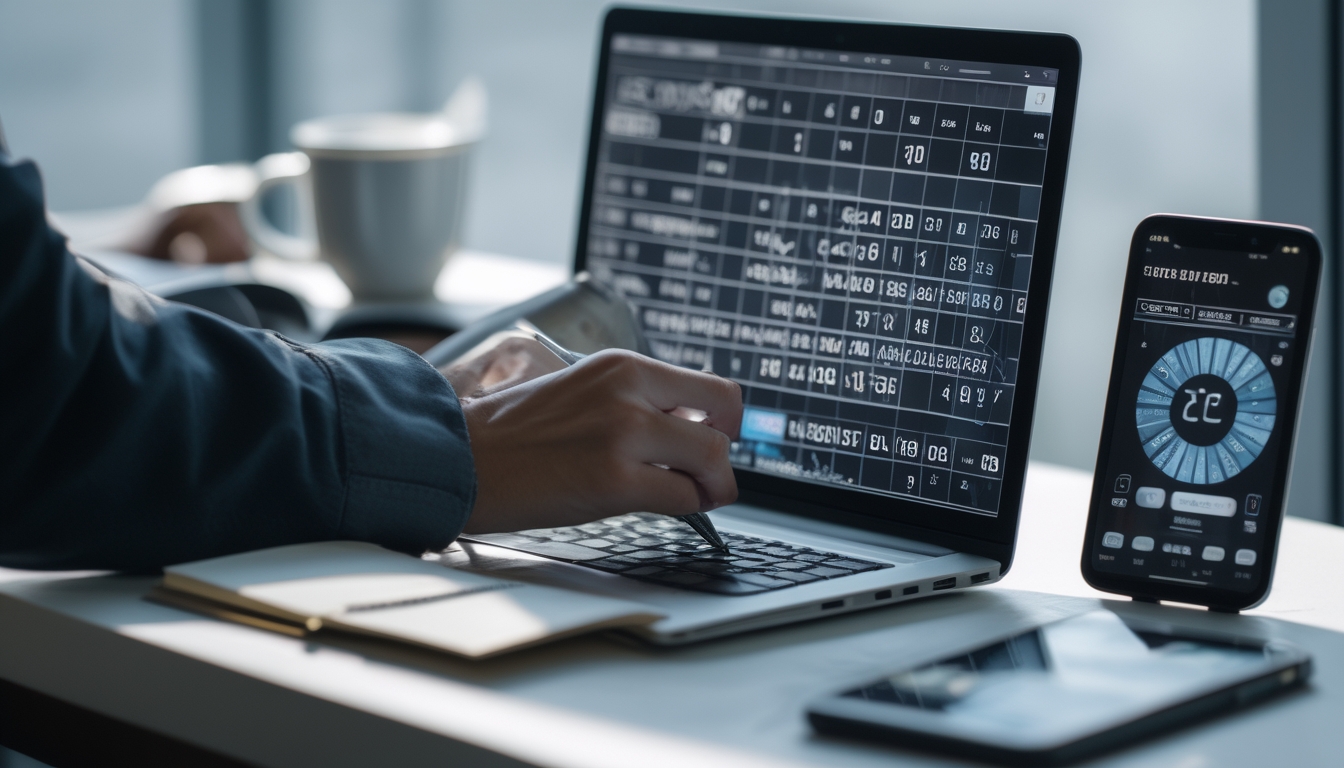 Seorang pria di meja kerja menggunakan laptop dan mencatat angka-angka dengan alat tulis, dikelilingi oleh alat analisis seperti kalkulator dan smartphone, di dalam ruangan yang terang dengan cahaya alami.