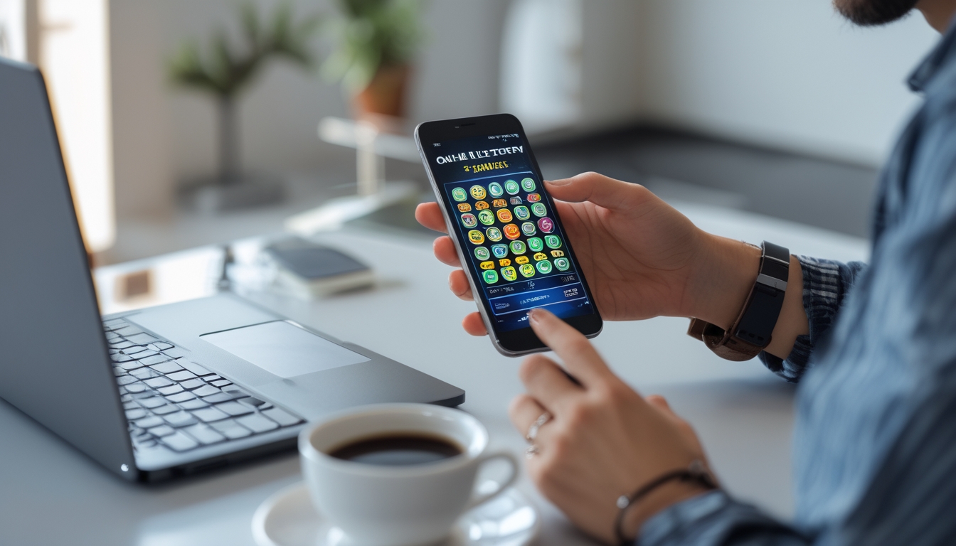 Seseorang menggunakan smartphone untuk bermain togel online di sebuah meja kerja dengan laptop dan kopi.