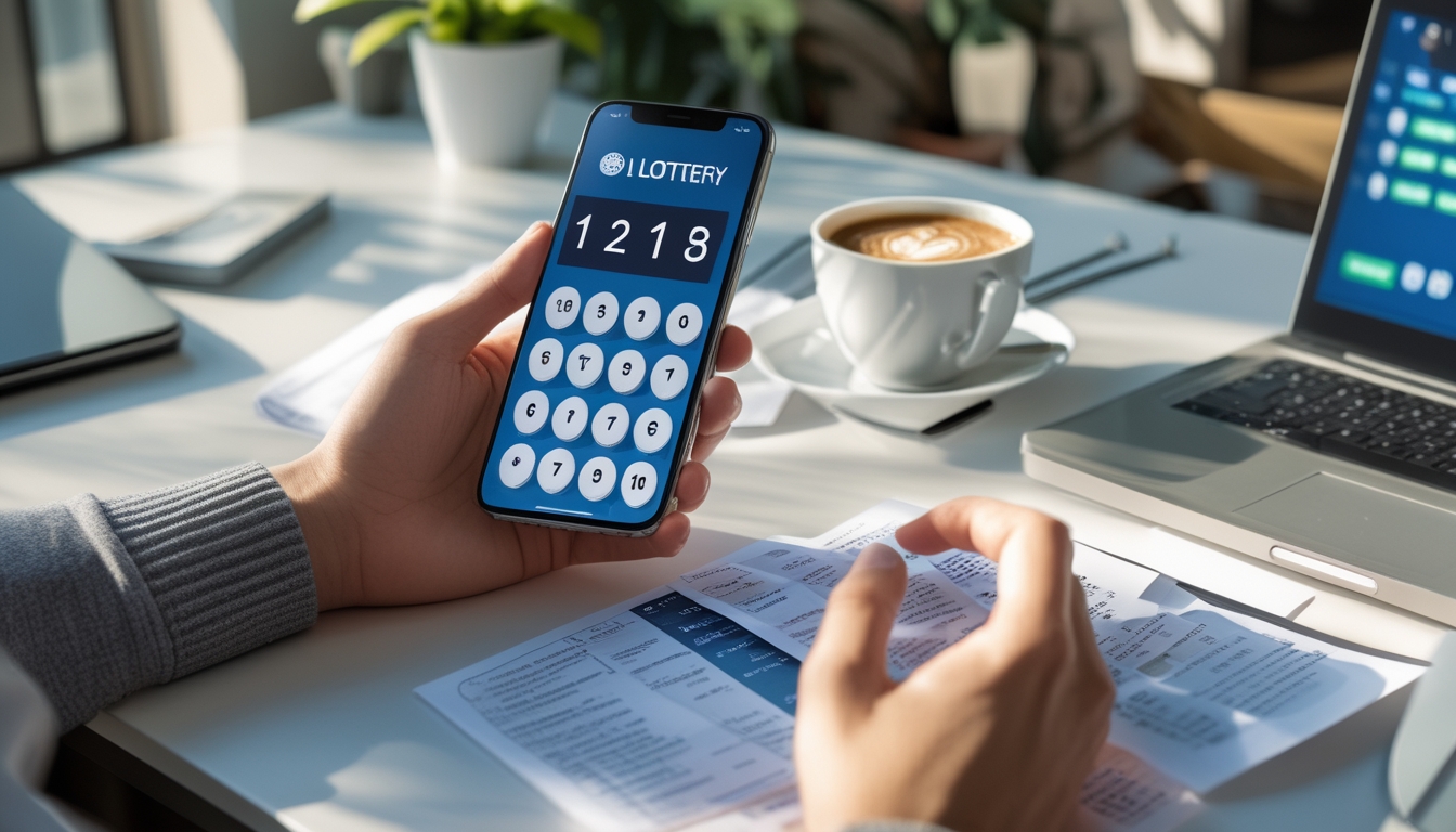 Seseorang menggunakan smartphone di meja kerja dengan laptop dan secangkir kopi, fokus pada strategi bermain togel online.