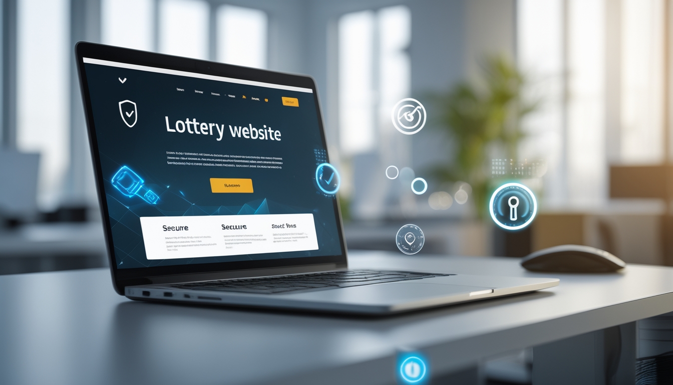 Seorang laptop di atas meja rapi dengan tampilan antarmuka situs togel online yang aman, dikelilingi oleh simbol keamanan dan latar belakang kantor modern yang terang.