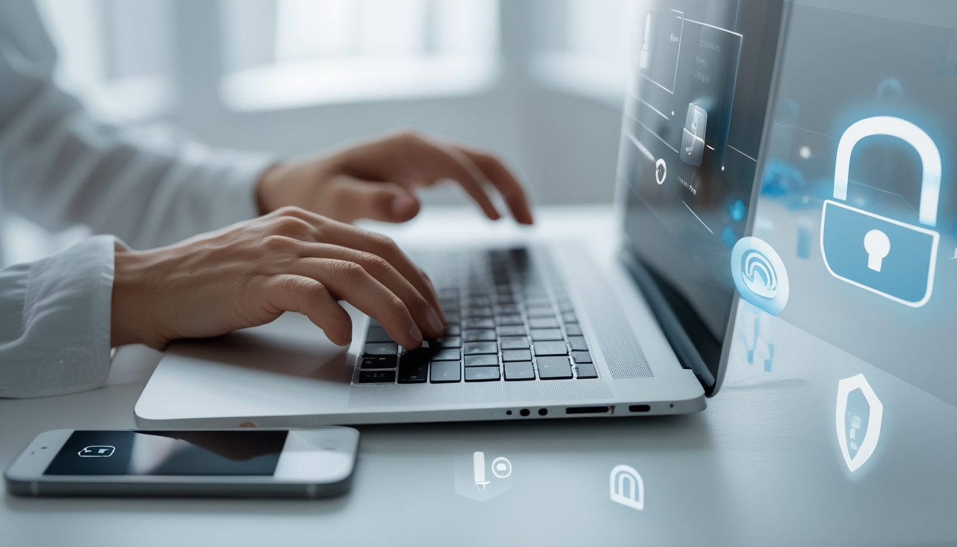 Seseorang menggunakan laptop dan ponsel di meja kerja untuk melakukan transaksi online dengan suasana yang aman dan profesional.
