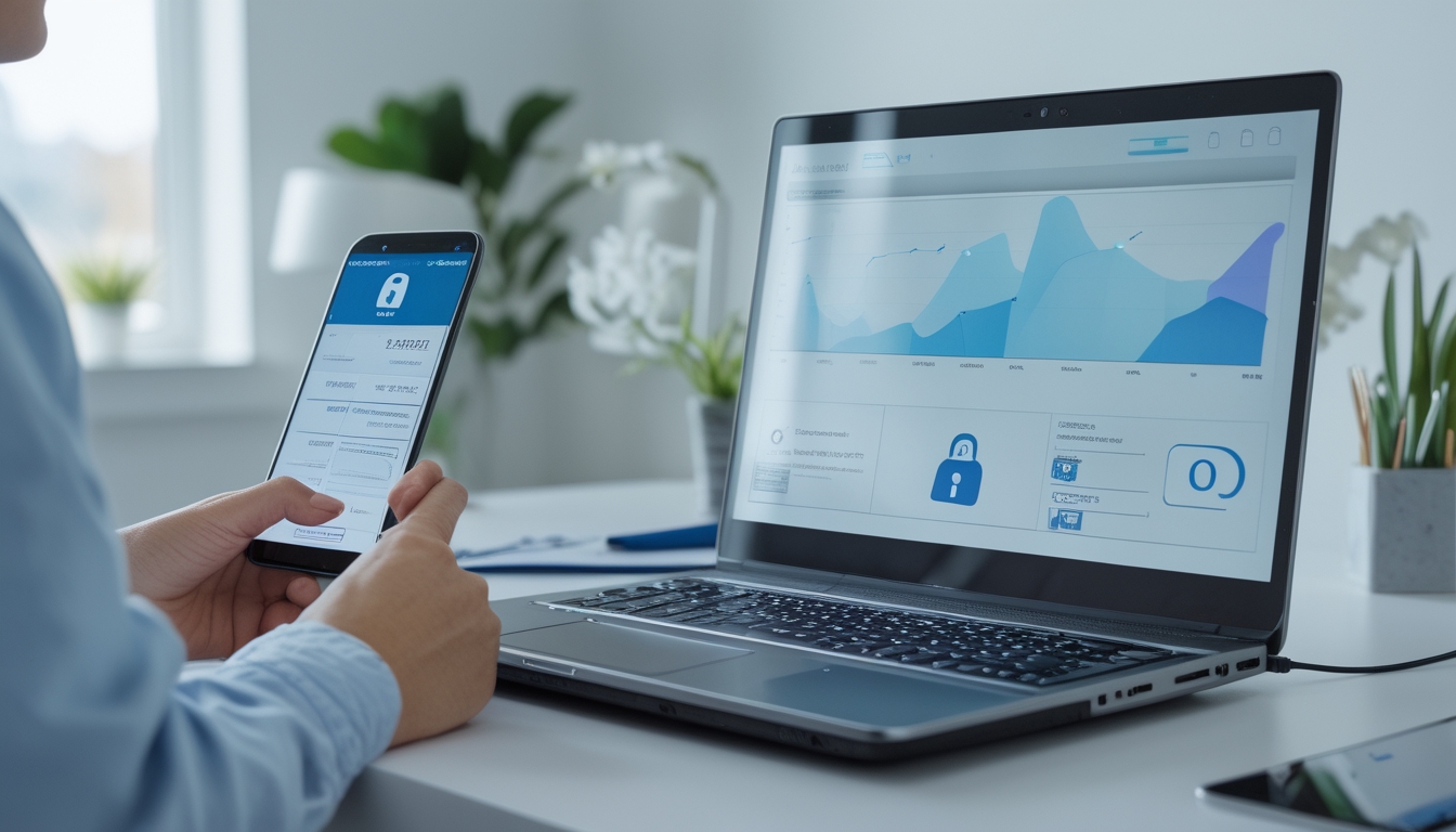 Seseorang duduk di meja dengan laptop dan ponsel, mempersiapkan transaksi keuangan online dengan suasana yang tenang dan aman.