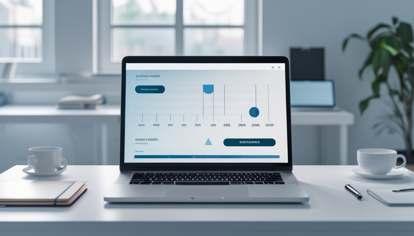 Sebuah meja kerja dengan komputer yang menampilkan hasil angka lotere secara online, di ruangan yang terang dan rapi.