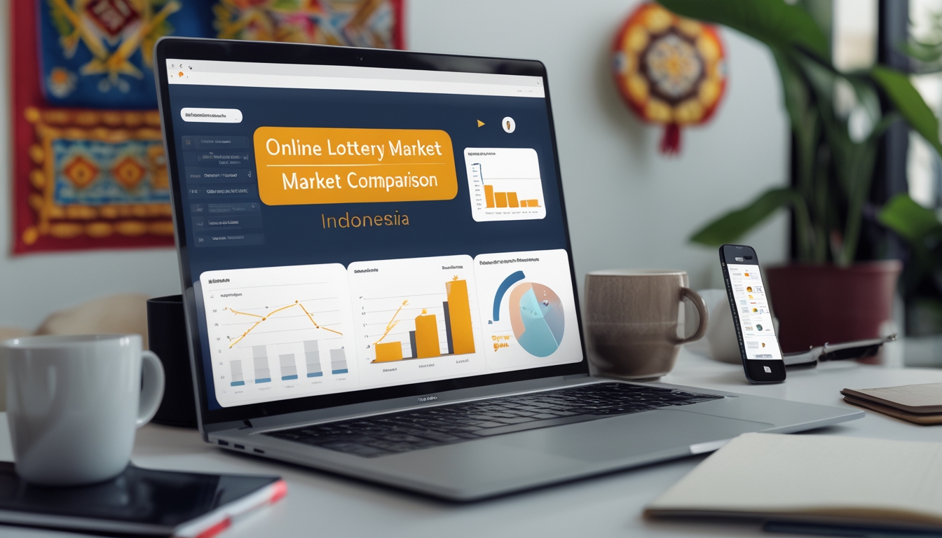 Meja kerja modern dengan laptop dan ponsel menampilkan grafik dan aplikasi togel online, dengan hiasan batik di latar belakang.