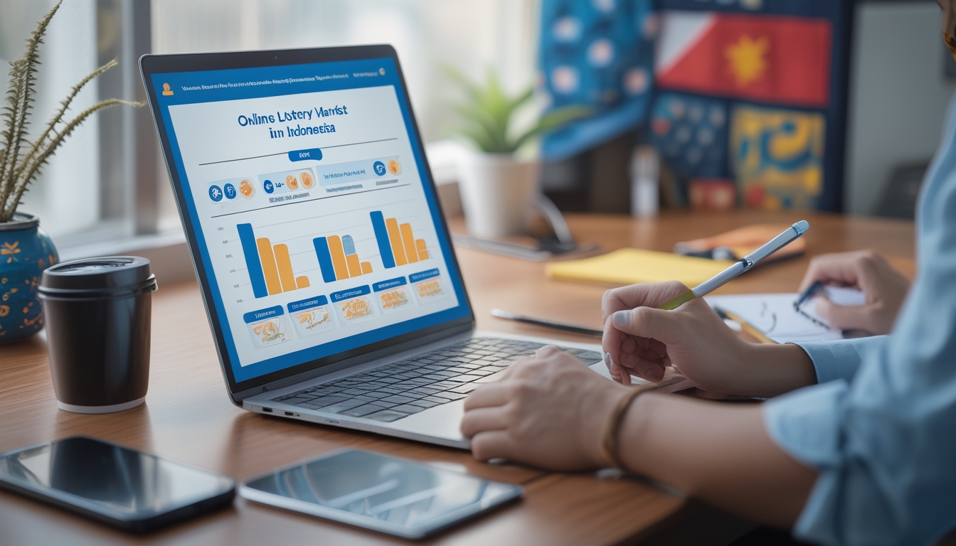 Seorang profesional sedang menganalisis data pasar togel online populer di Indonesia di sebuah meja kerja dengan laptop dan alat tulis.
