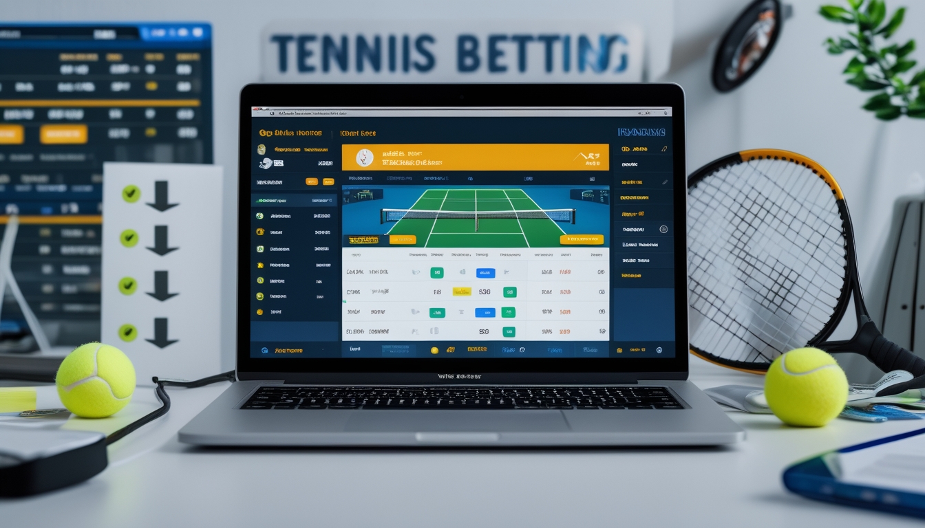Seorang pria menggunakan komputer dengan layar menampilkan platform taruhan tenis online, dikelilingi bola tenis dan raket di meja kerja yang rapi.