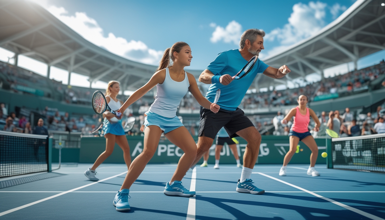 Beberapa pemain tenis sedang bermain di lapangan tenis dengan penonton di latar belakang.