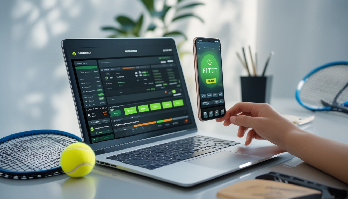 Seorang individu sedang menggunakan laptop dan ponsel untuk memasang taruhan pada pertandingan tenis di meja kerja dengan bola tenis dan raket di sampingnya.