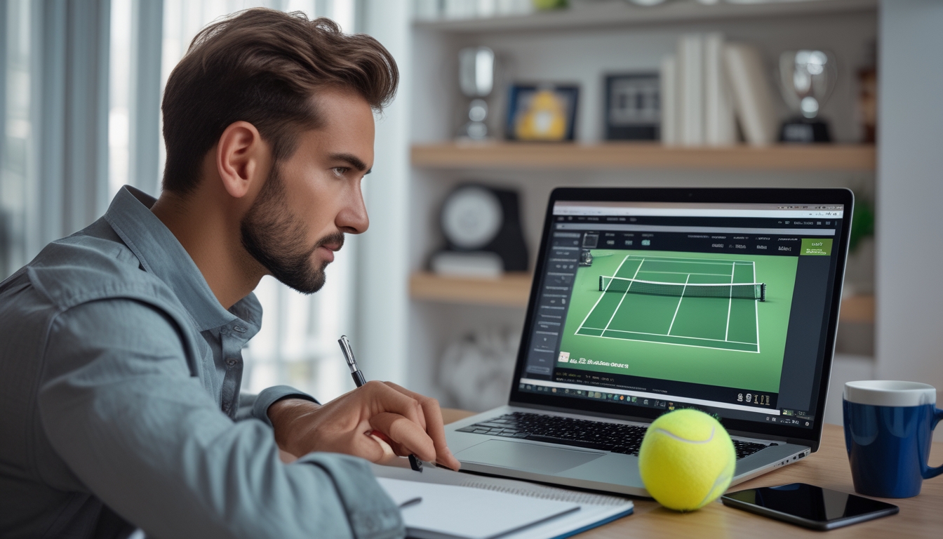 Seorang pria fokus menonton pertandingan tenis langsung di laptop sambil mencatat di meja kerja dengan bola tenis dan trofi di latar belakang.