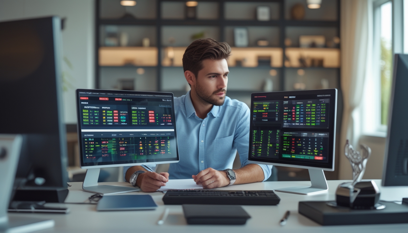 Seorang pria duduk di meja dengan beberapa layar yang menampilkan statistik pertandingan tenis langsung dan peluang taruhan, sedang menganalisis data dengan serius.