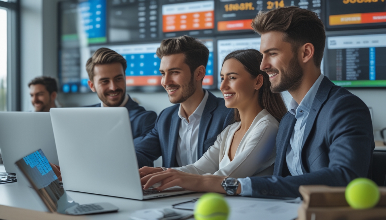 Sekelompok orang di kantor modern sedang menggunakan komputer untuk taruhan tenis online dengan suasana yang percaya diri dan profesional.