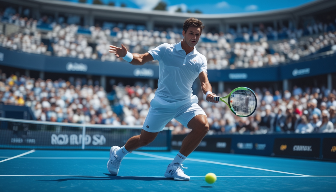 Seorang pemain tenis pria sedang memukul bola di lapangan tenis dengan penonton ramai di latar belakang.
