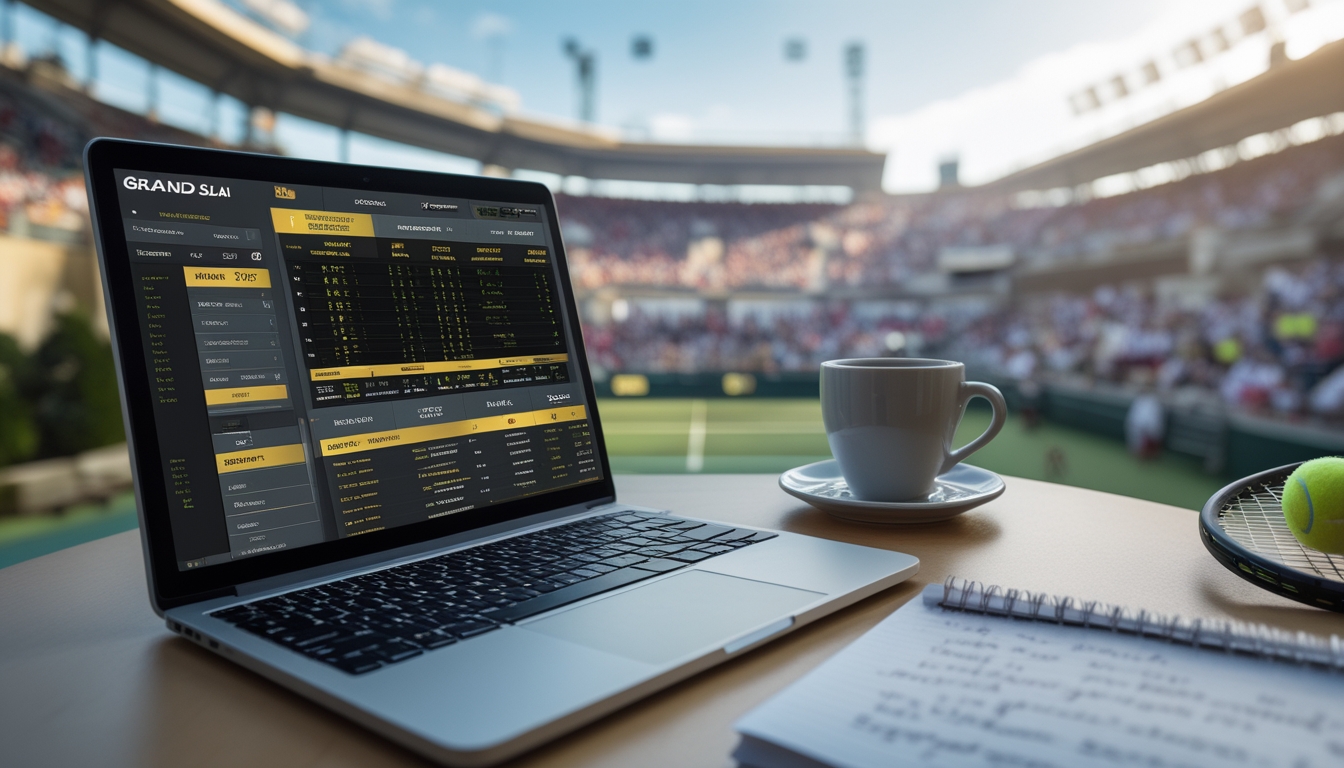 Seseorang sedang melihat statistik pertandingan tenis dan peluang taruhan di laptop dengan latar belakang stadion tenis yang ramai.