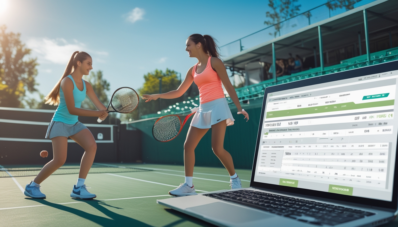 Dua orang bermain tenis di lapangan dengan laptop yang menampilkan situs taruhan tenis di bangku dekat mereka.