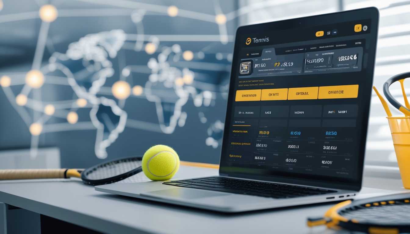 Seorang profesional bekerja dengan laptop yang menampilkan situs taruhan tenis internasional, dengan bola dan raket tenis di meja kerja.