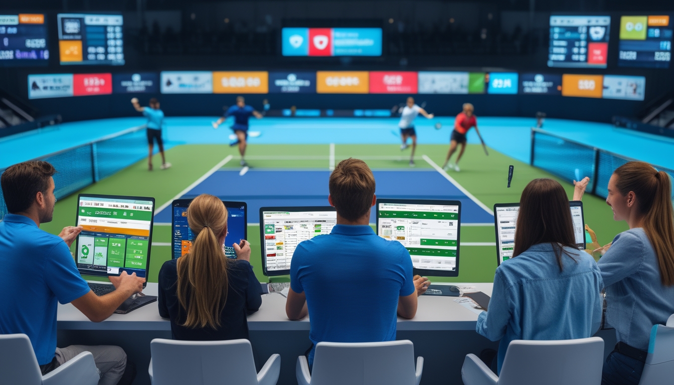 Orang-orang sedang memasang taruhan tenis dengan layar digital menampilkan statistik pertandingan dan pemain tenis sedang bermain di latar belakang.