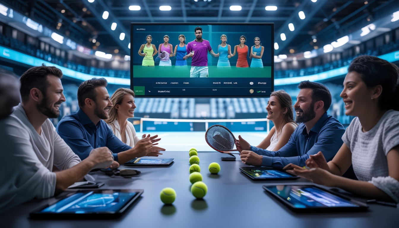 Sekelompok orang menonton pertandingan tenis ATP dan WTA sambil menggunakan perangkat untuk memasang taruhan dalam suasana yang penuh semangat.