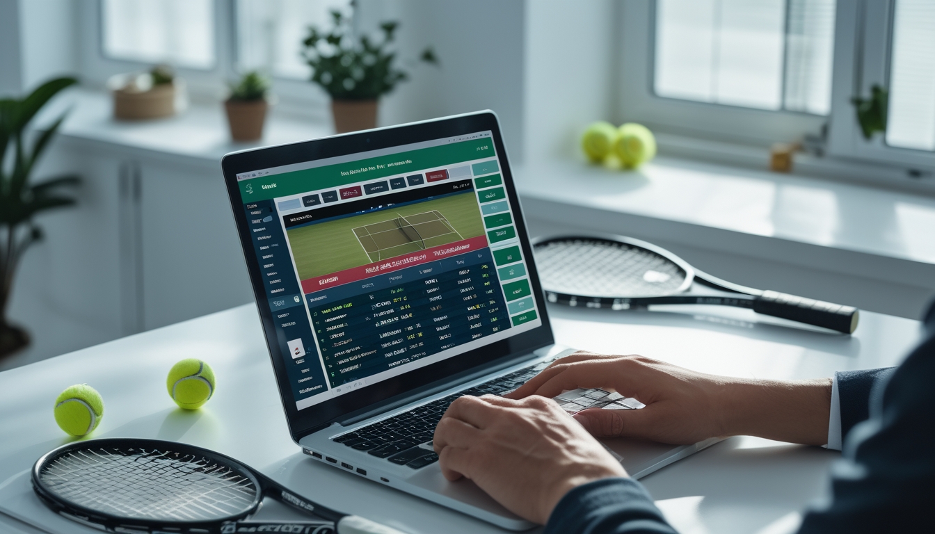 Seseorang menggunakan laptop untuk memasang taruhan tenis online di meja kerja dengan raket dan bola tenis di sampingnya.