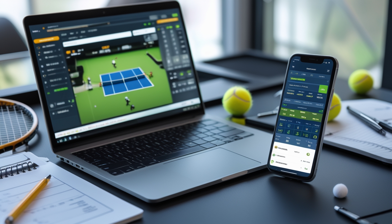 Seorang pria duduk di depan laptop yang menampilkan pertandingan tenis, dengan ponsel di samping yang menunjukkan aplikasi taruhan, di meja terdapat raket dan bola tenis.