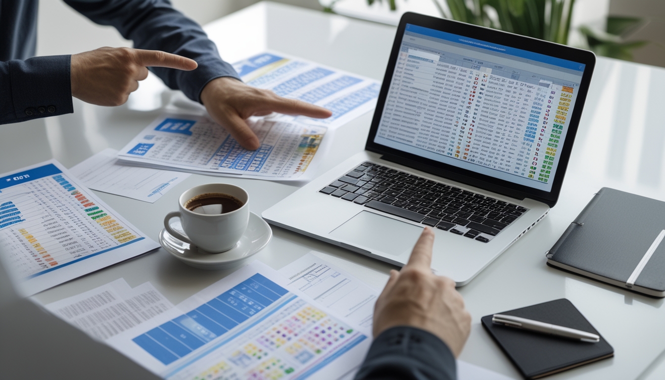 Meja kerja dengan laptop yang menampilkan grafik statistik togel, kertas dengan angka dan grafik, serta tangan seseorang menunjuk layar laptop.