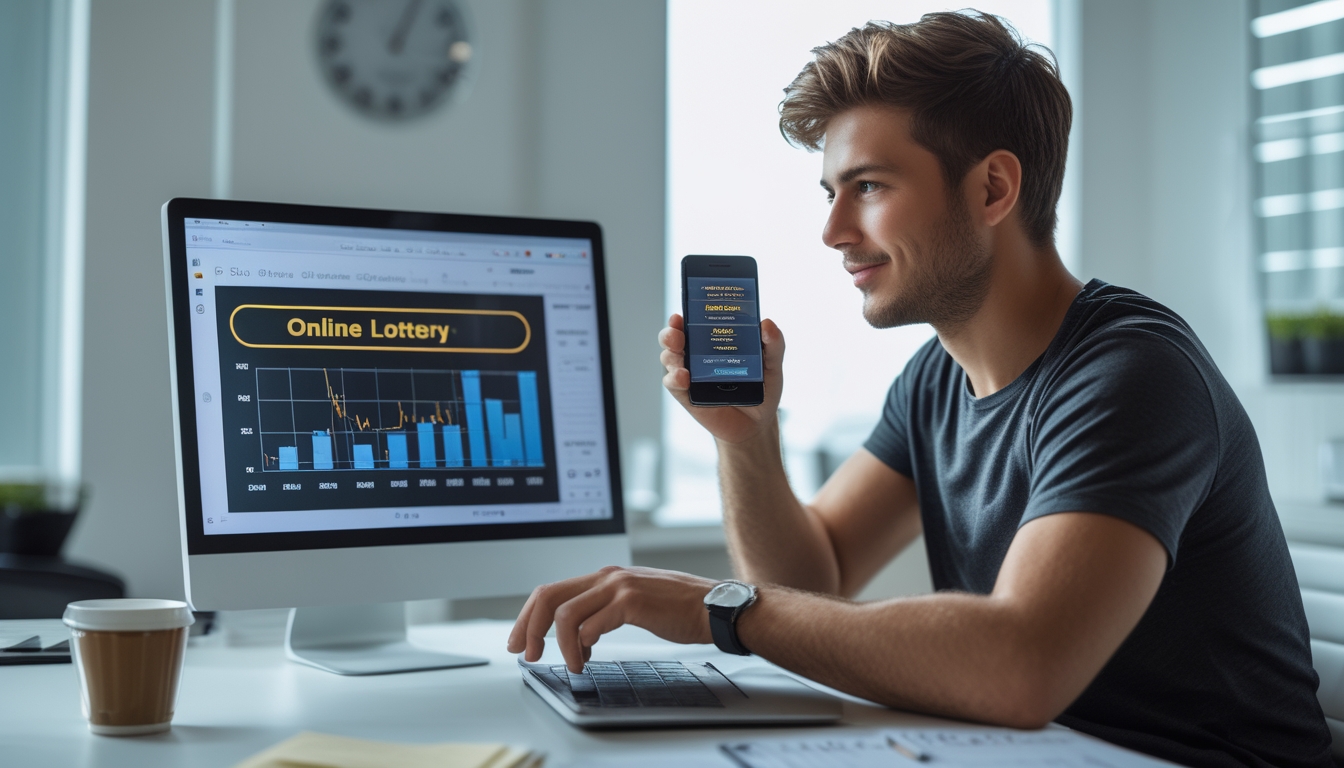 Seorang pria muda duduk di meja dengan laptop dan ponsel, sedang menganalisis data prediksi togel online.