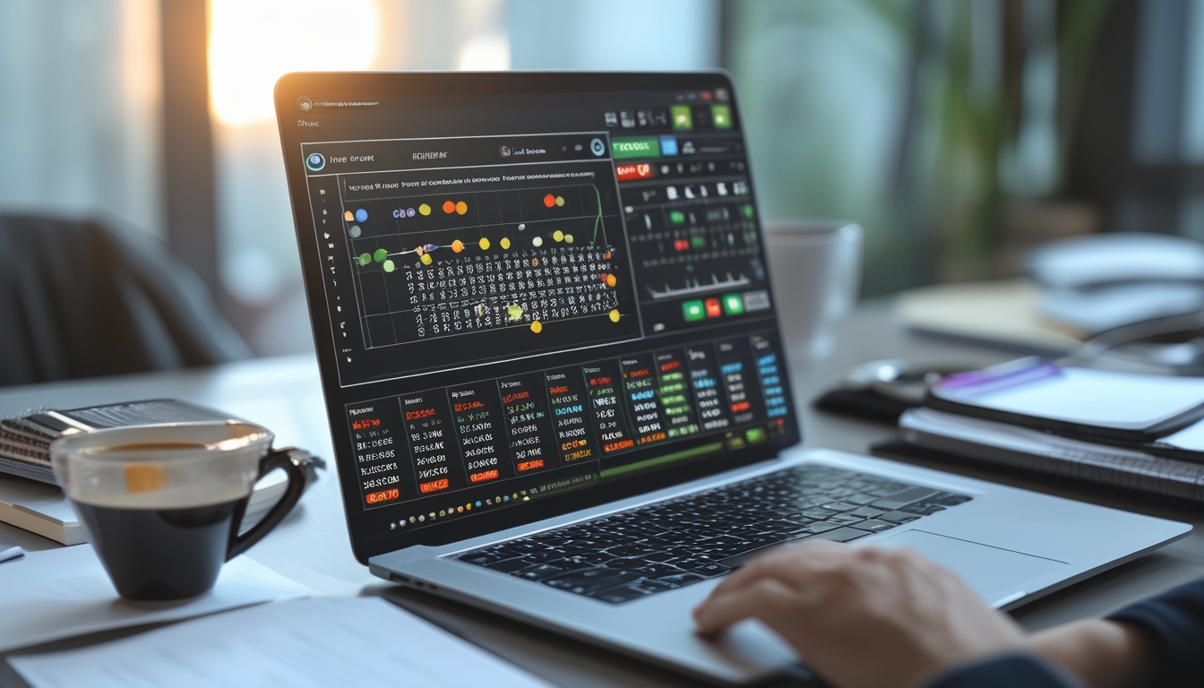 Sebuah ruang kerja modern dengan laptop menampilkan grafik dan pola angka prediksi togel, dikelilingi catatan, ponsel dengan aplikasi togel, dan secangkir kopi.